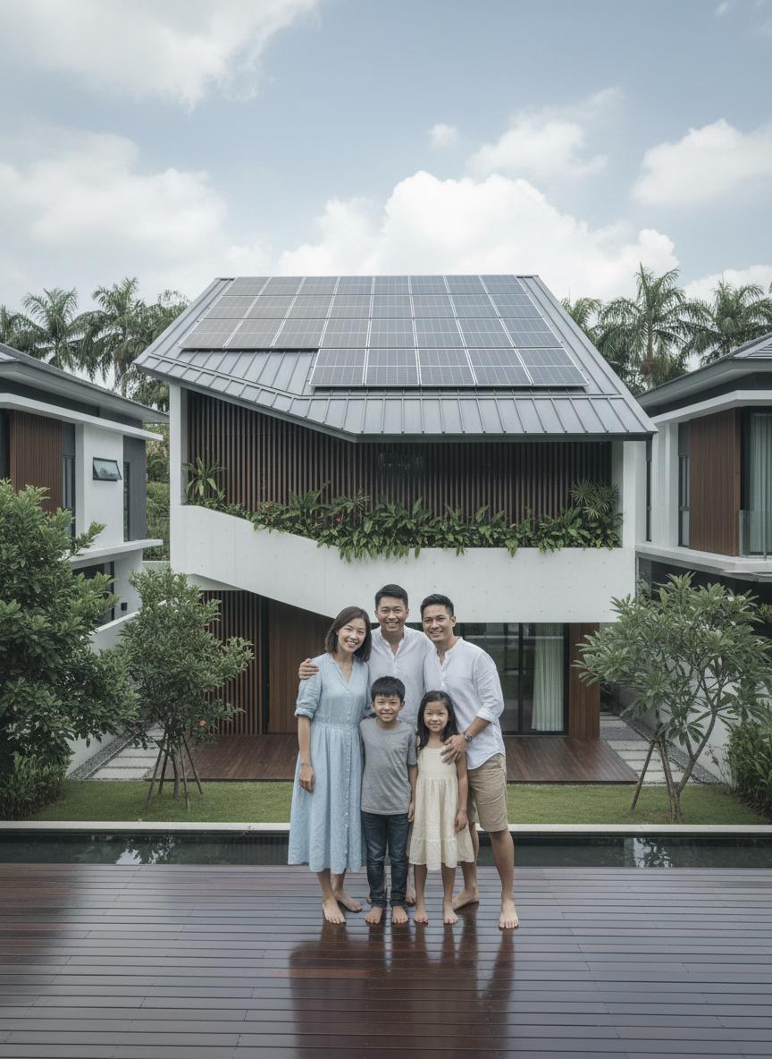 Happy family outside home with solar panels